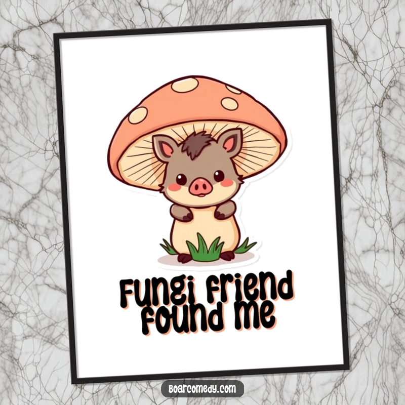 Funny Digital Art Print: Kawaii boar character peeking from behind a giant mushroom, downloadable art for magical charm.