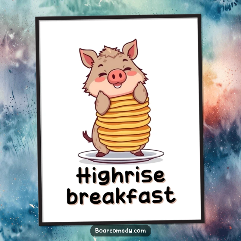 Funny digital art print of a smiling boar character precariously balancing a huge stack of pancakes, vibrant breakfast humor.