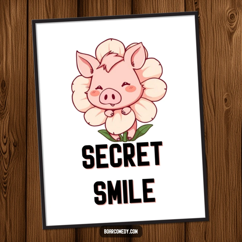 Funny Digital Art Print: Shy boar peeking from behind a flower, with a bashful smile, bringing sweet charm.