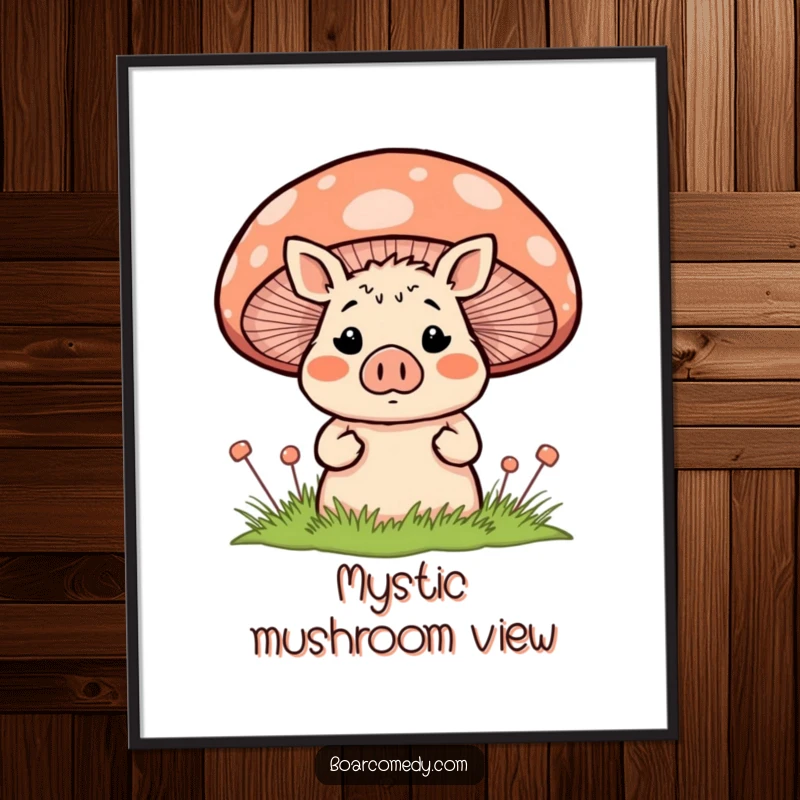 Funny blushing, surprised boar character peeking shyly from behind a large, colorful striped mushroom, available as a high-resolution digital art print.