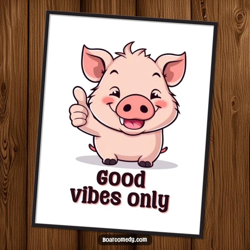 Funny Kawaii Boar Digital Art Print: A charming kawaii boar displays a wide grin and offers a positive thumbs up.