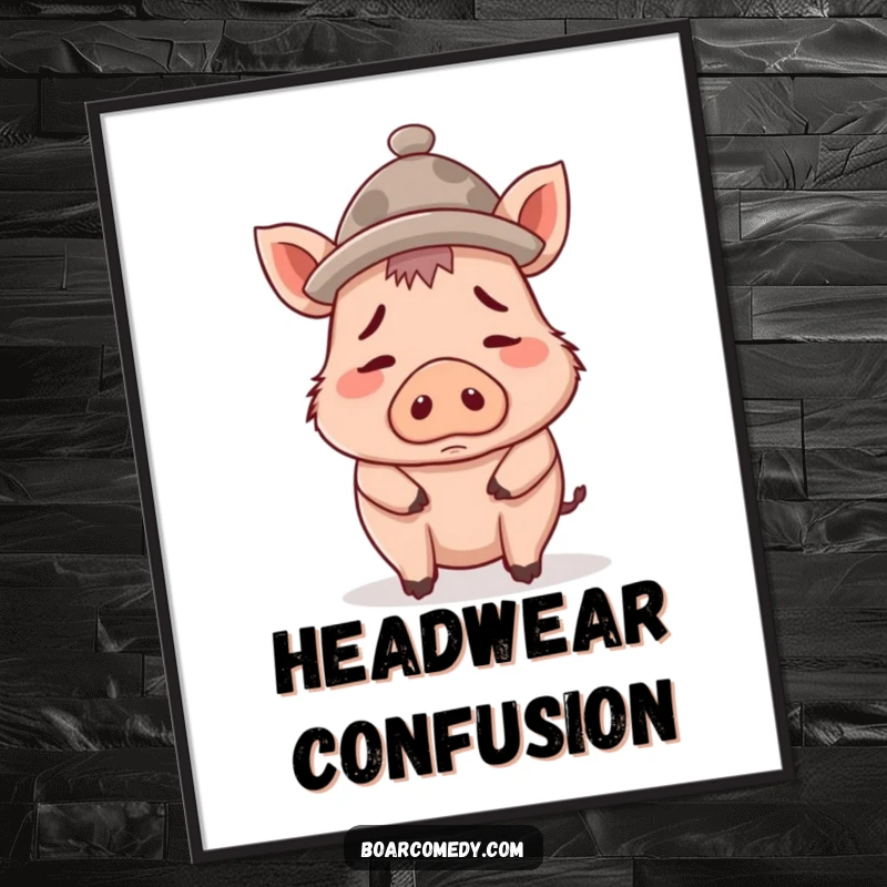 Funny digital art print of a confused boar character wearing an oversized tiny hat, creating a visually amusing and quirky piece.