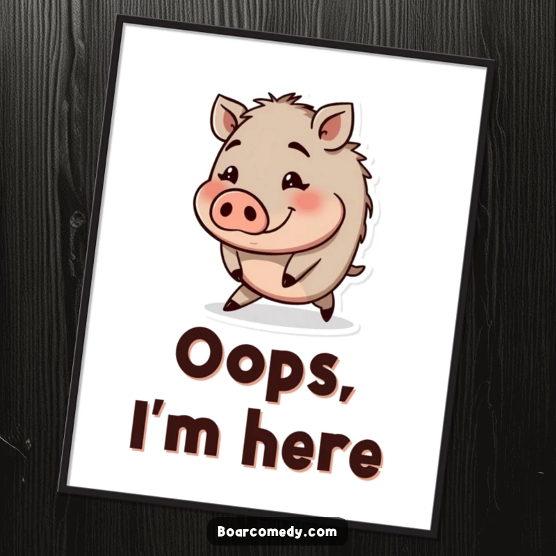 Funny digital art print of a small round boar character tripping slightly with a funny, comical expression.