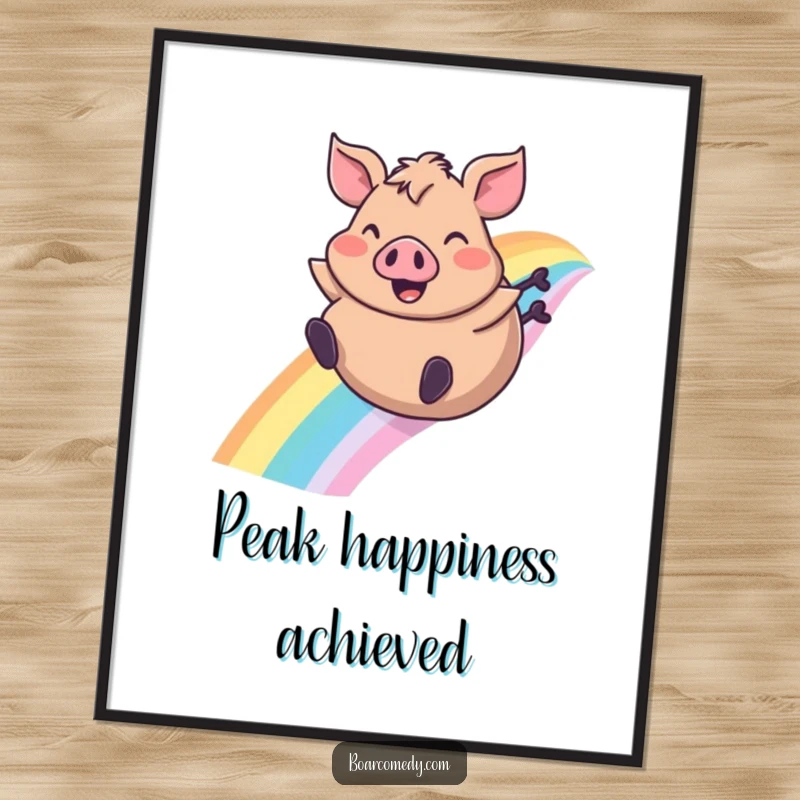Funny digital art print of a plump boar character joyfully sliding down a rainbow with ears flapping, high-res humor.