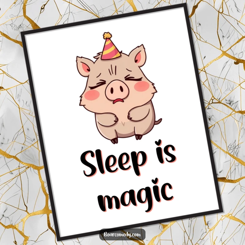 Funny digital art of a very sleepy boar character comically yawning, wearing a tilted party hat.