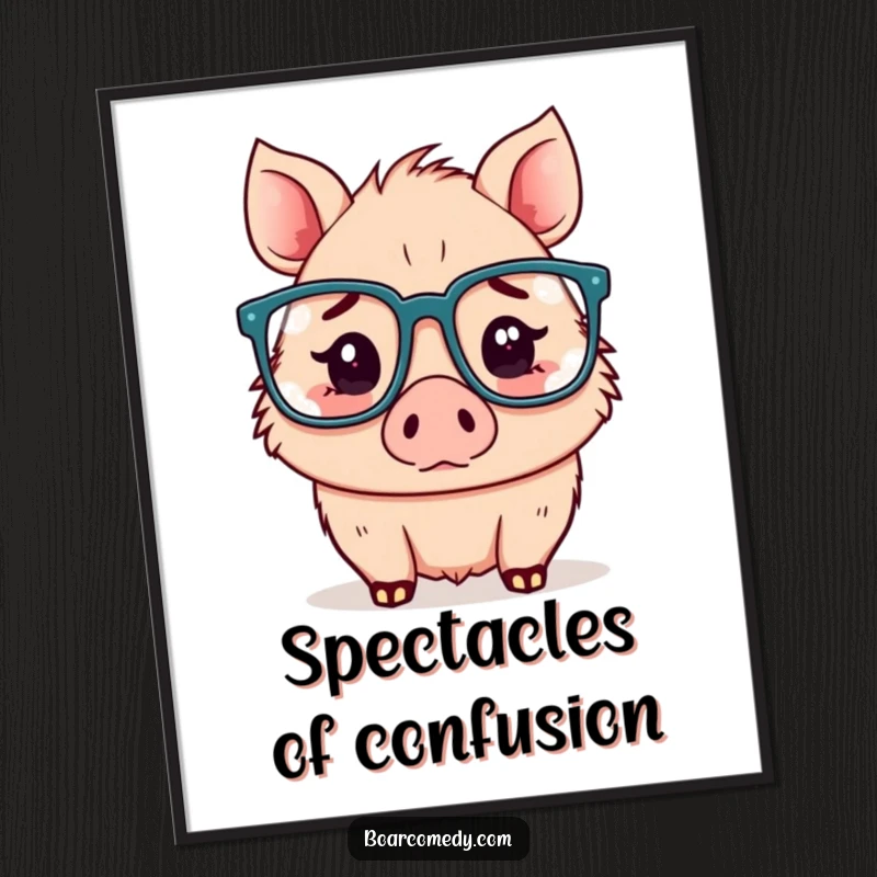 Funny Kawaii boar digital art print, a confused boar wearing oversized glasses, whimsical and thought-provoking.