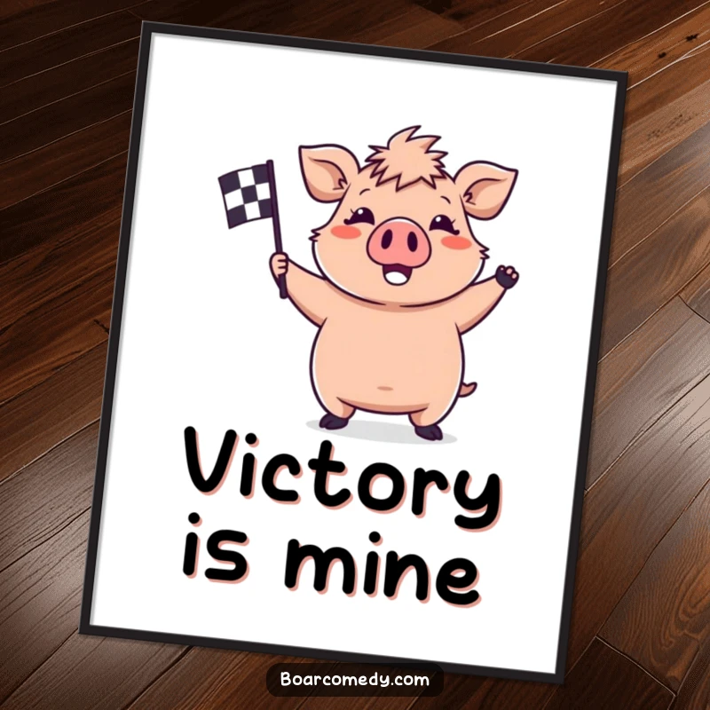 Funny kawaii boar race digital art print, a happy boar enthusiastically waving a checkered flag, symbolizing excitement and achievement.