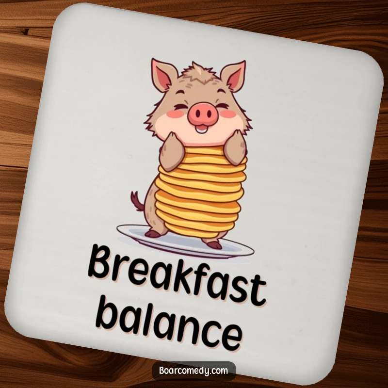 Funny drink coaster featuring a smiling boar character balancing a large stack of pancakes, a small piece of breakfast humor.