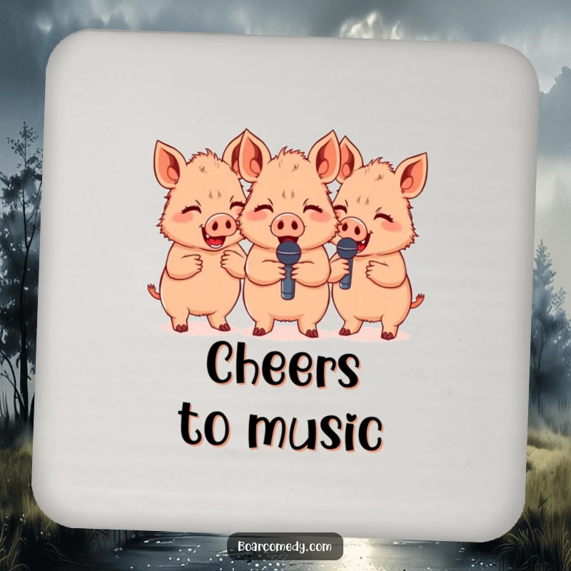 Funny cute boars giggling with tiny microphones, a cute and protective coaster for drinks, adding comedic flair.