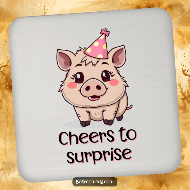 Funny cute boar wearing a tiny party hat, eyes wide with surprise and joy, on a drink coaster.