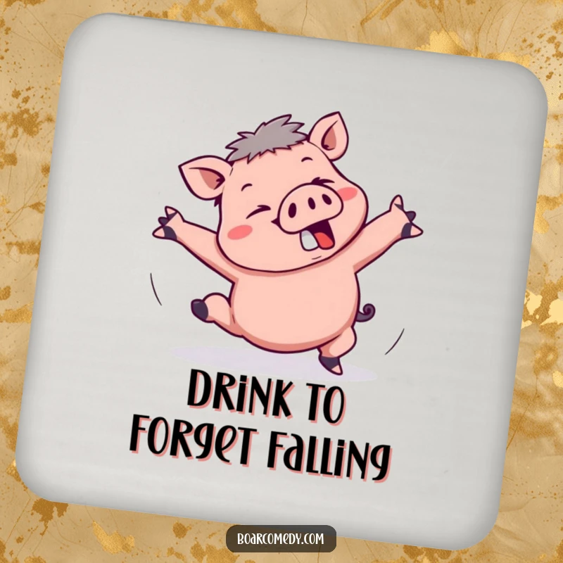 Funny Kawaii Boar Coaster: A kawaii boar trips comically, arms flailing, offering a humorous way to protect surfaces.