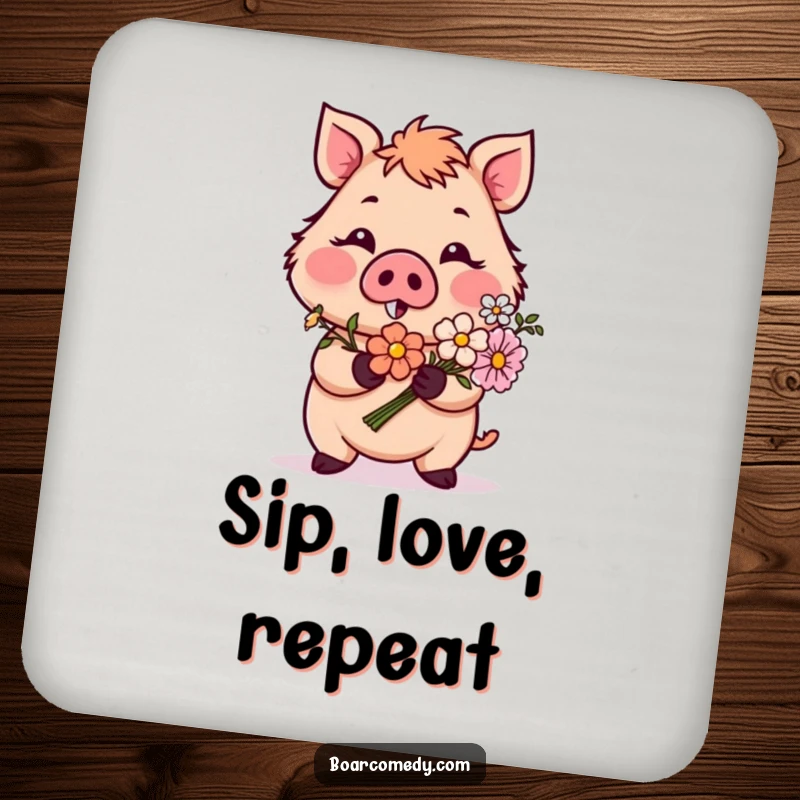 Funny drink coaster with a blushing boar character offering flowers, providing surface protection with romantic humor, a cute funny gift.