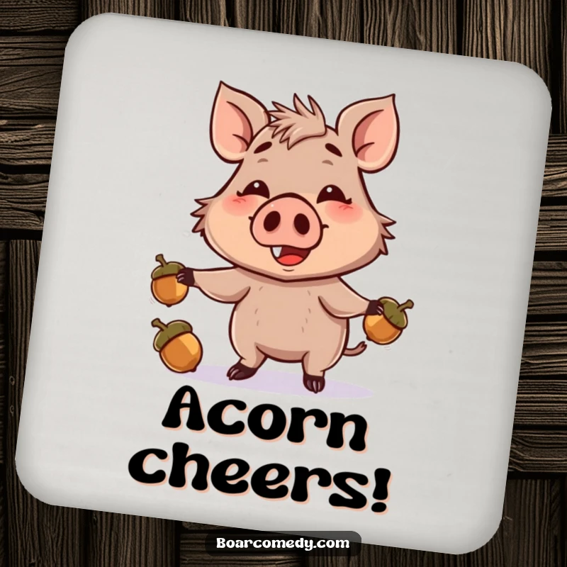 Funny drink coasters featuring a smiling boar character juggling acorns with its snout, bringing whimsical humor to any tabletop.