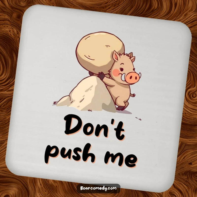 Funny drink coaster featuring a determined boar character pushing a large, round stone uphill.