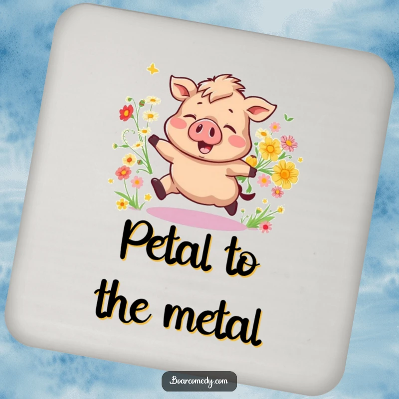 Funny Bouncing Boar Drink Coaster, a joyful pig with a bouquet of wildflowers. A festive funny gift.