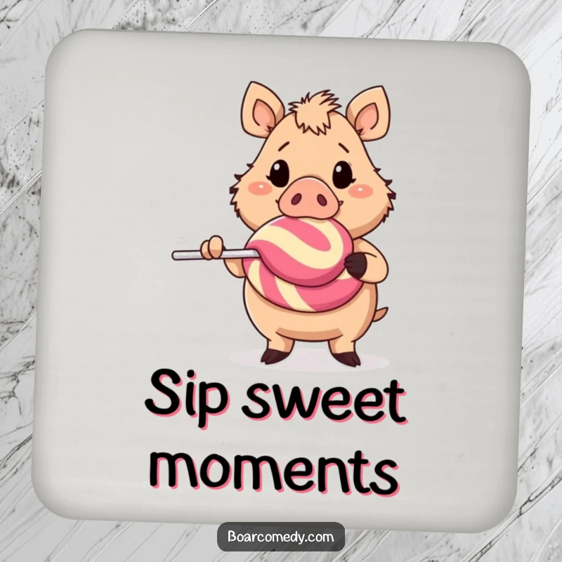 Funny cheerful boar character holding a huge lollipop, a cute and protective coaster for drinks, adding sweet flair.