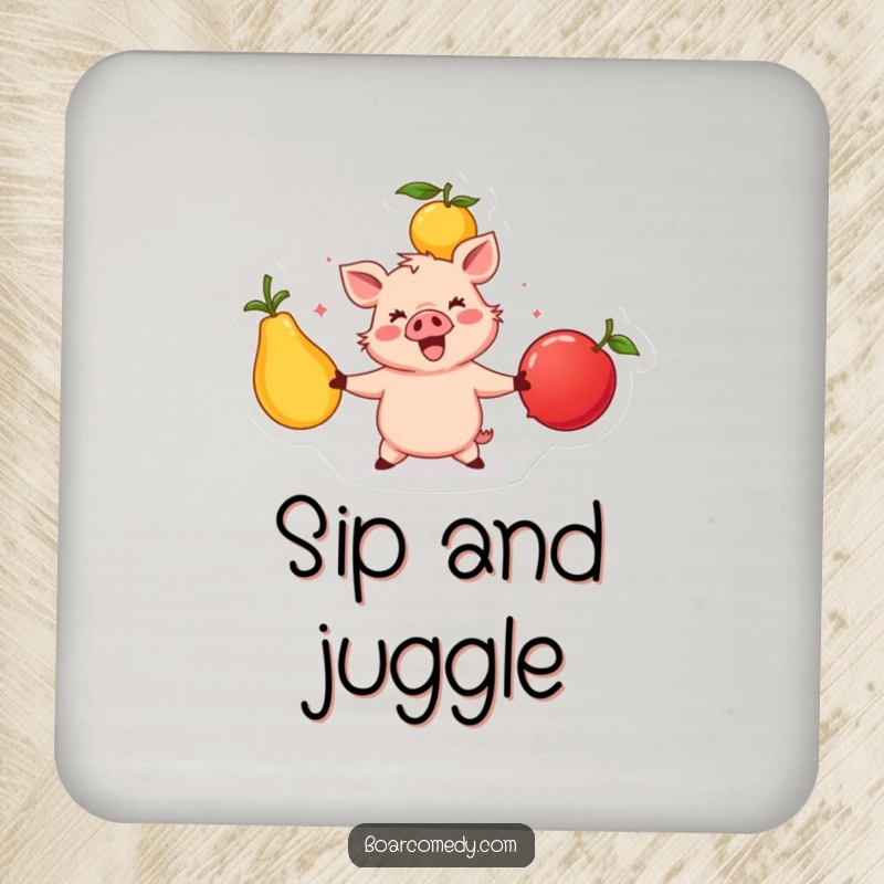 Funny happy boar character juggling large, colorful fruits, a cute and protective coaster for drinks, adding vibrant flair.