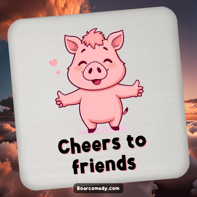 Funny Coasters: Pink boar character with outstretched arms, smiling and ready for a hug, protecting surfaces with love.