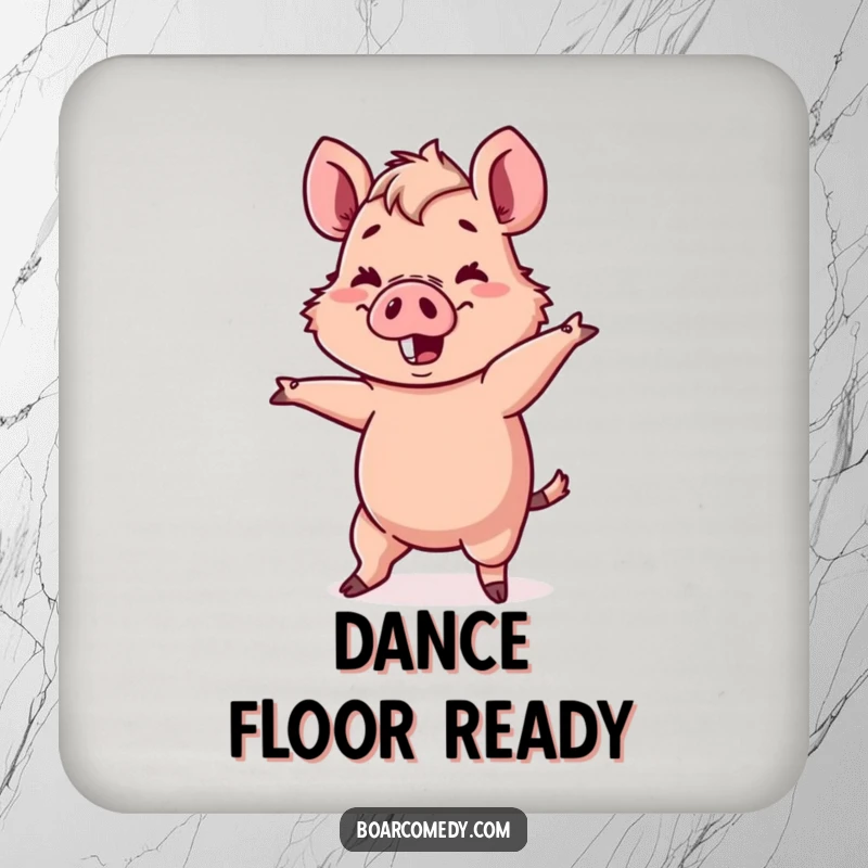 Funny Kawaii boar character attempting a comical, wobbly dance move, on a drink coaster.