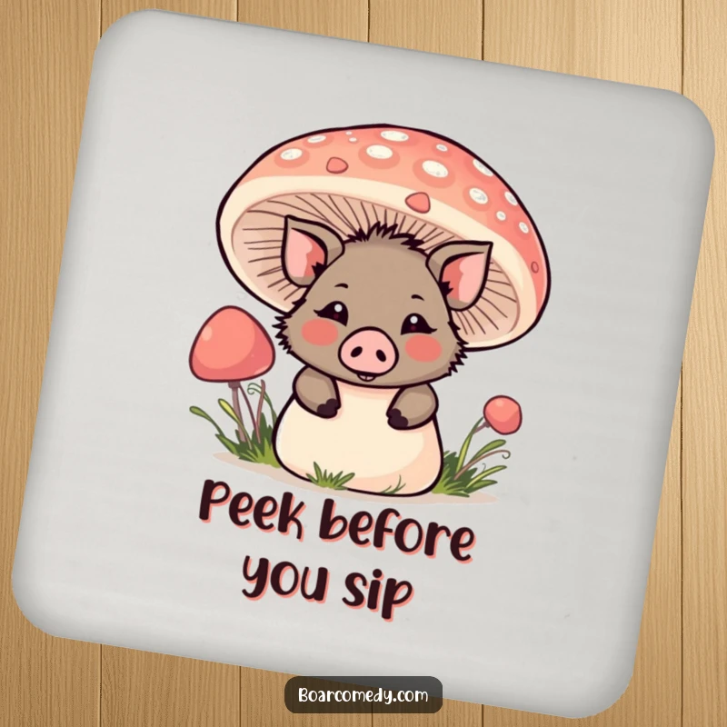 Funny Kawaii Boar Coaster: A kawaii boar peeks playfully from behind a mushroom, offering a cute surprise.