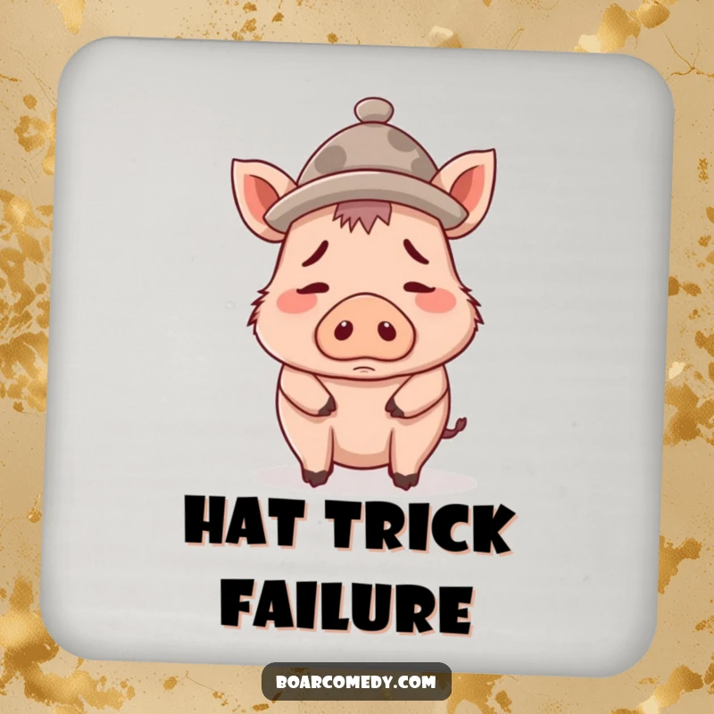 Funny drink coaster featuring a confused boar character wearing a comically oversized tiny hat, a small piece of whimsical decor.