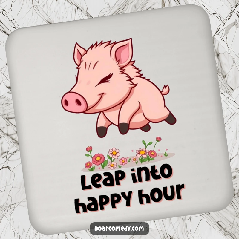 Funny Kawaii Boar Drink Coaster depicting determined flower leaping, protecting surfaces with energetic charm.