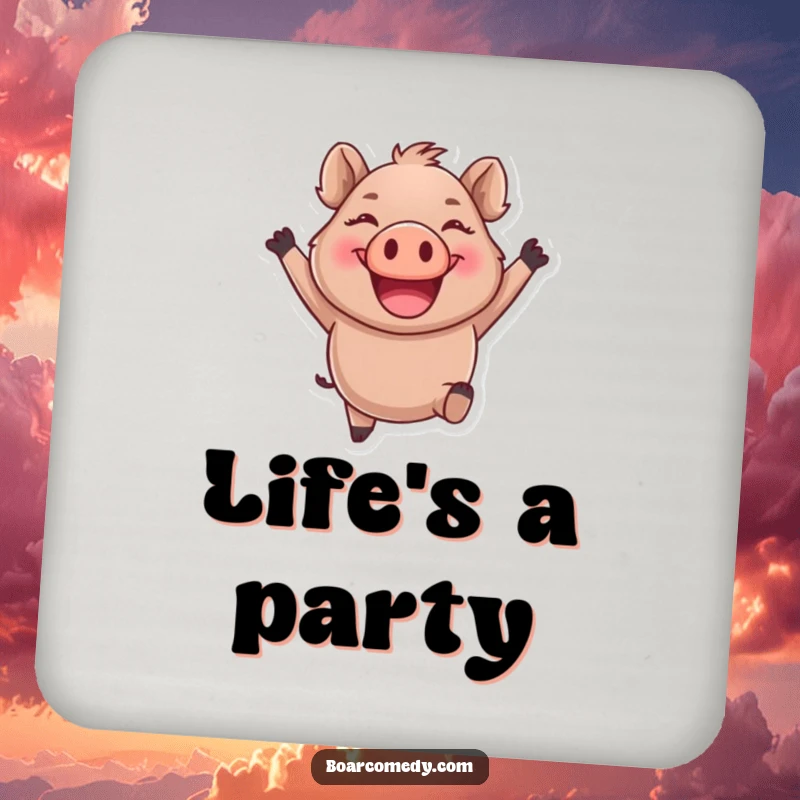 Funny round boar character leaping joyfully with a giant smile, on a functional drink coaster.