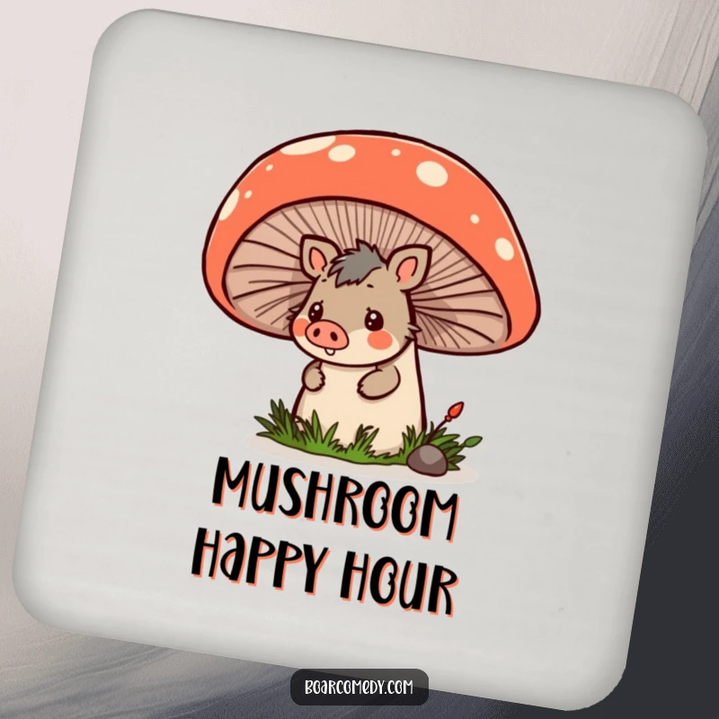 Funny kawaii boar peeking from behind a giant mushroom on a protective drink coaster, adding whimsy.