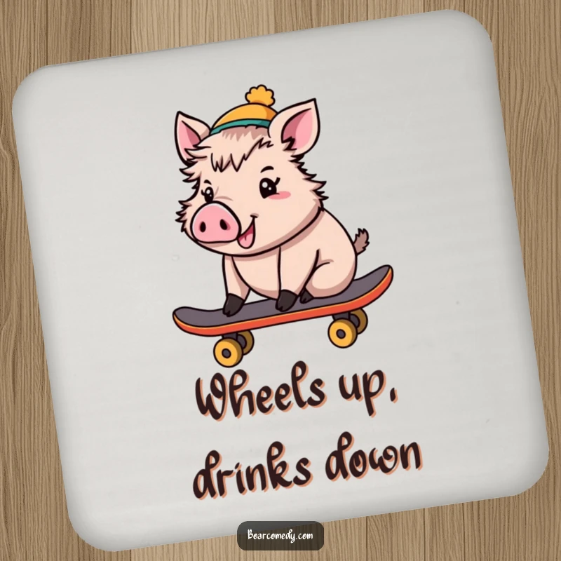 Funny Drink Coaster: Cheerful boar in a tiny hat, riding a skateboard, adding humorous protection to surfaces.