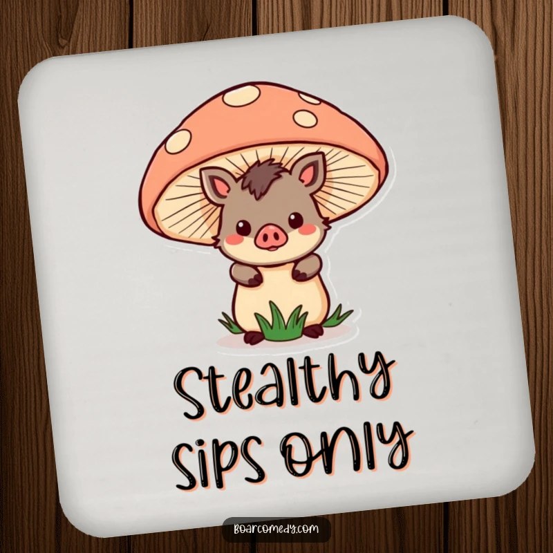 Funny Drink Coaster: Cute kawaii boar character peeking from behind a large mushroom, adding whimsical protection.