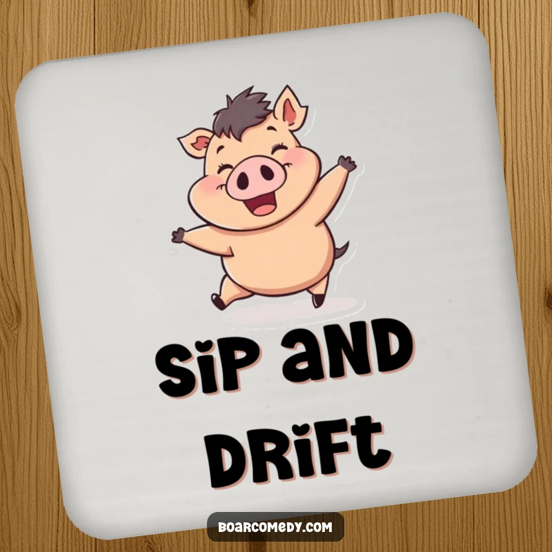 Funny drink coaster showing a plump, cheerful boar character being pushed by a strong wind gust, a delightful splash of humor.