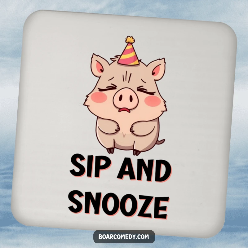 Funny drink coaster featuring a sleepy boar character mid-yawn, its small party hat comically tilted.
