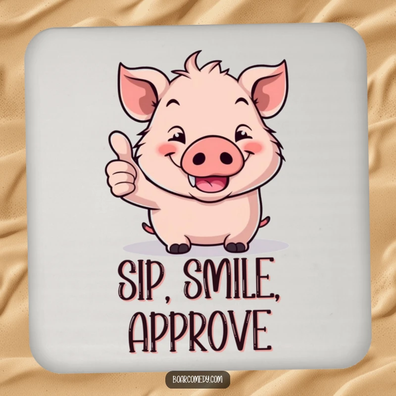 Funny Kawaii Boar Coaster: A cute kawaii boar gives a thumbs up with a wide, cheerful grin, protecting your surfaces.