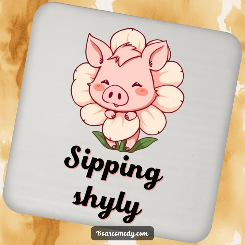 Funny Coasters: Shy, blushing boar peeking from behind a large flower, smiling bashfully, protecting surfaces with charm.