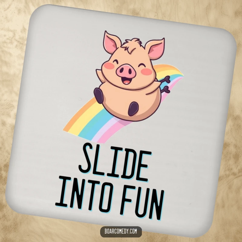Funny drink coaster with a plump boar character sliding down a rainbow, ears flapping, a small piece of portable joy.
