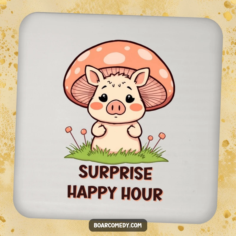 Funny blushing, surprised boar character peeking shyly from behind a large, colorful striped mushroom, featured on a protective drink coaster.