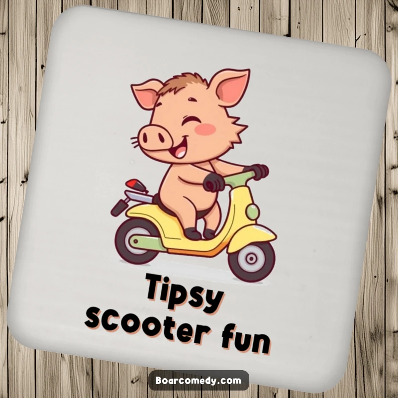 Funny cheerful little boar character wobbling precariously while attempting to ride a tiny scooter, featured on a protective drink coaster.
