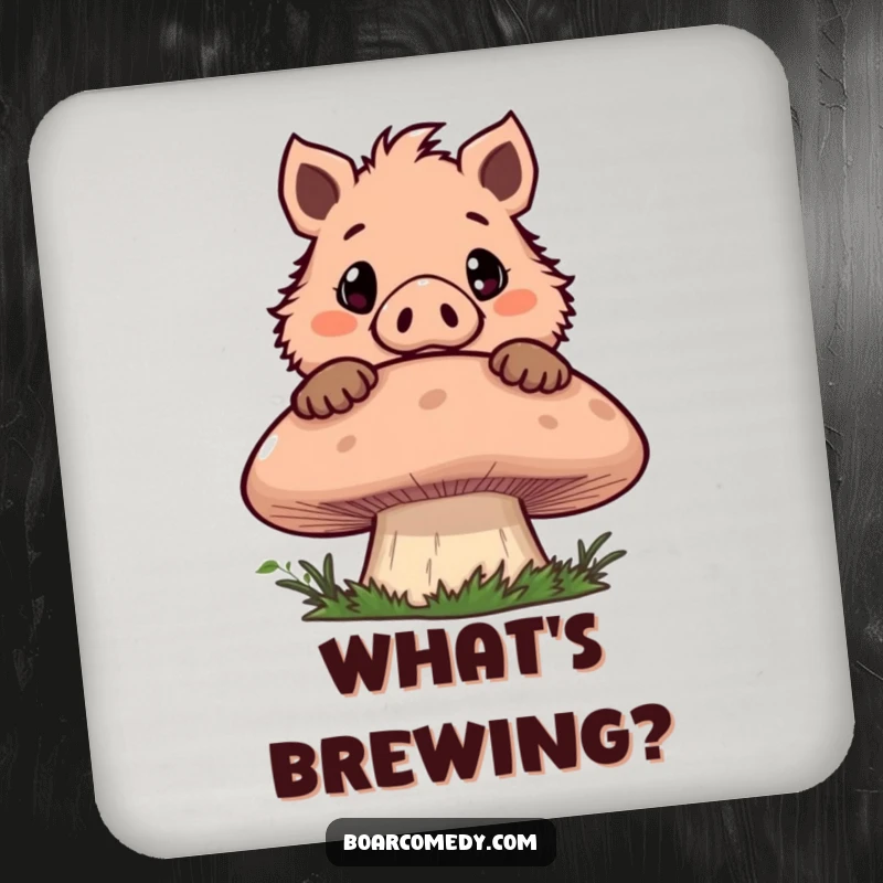 Funny drink coasters featuring a mischievous boar character peeking over a giant mushroom with wide eyes, adding whimsical humor to any table setting.