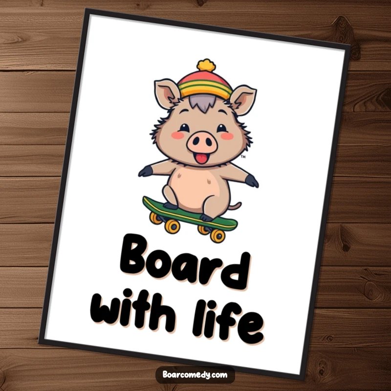 Funny poster of a cheerful boar wearing a tiny hat, riding a skateboard with excitement and style.