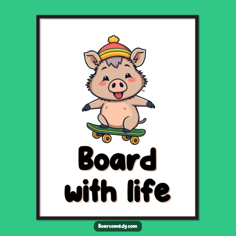 Funny Cheerful Boar Poster: Skateboard Art, Tiny Hat Fun, Unique Funny Gift