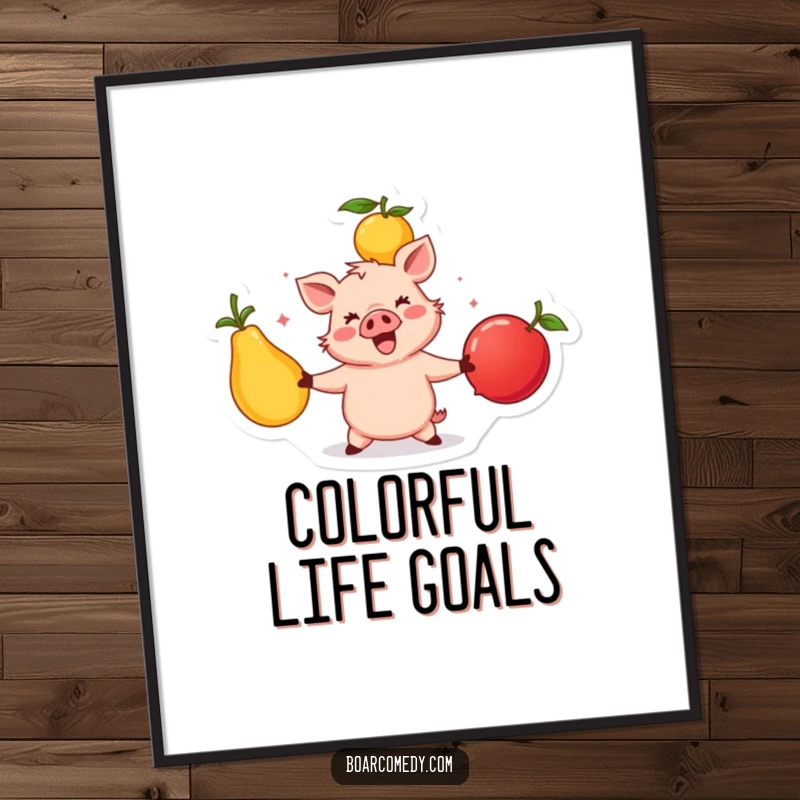 Funny happy boar character juggling three large, colorful fruits, creating a dynamic and joyful piece of wall art.