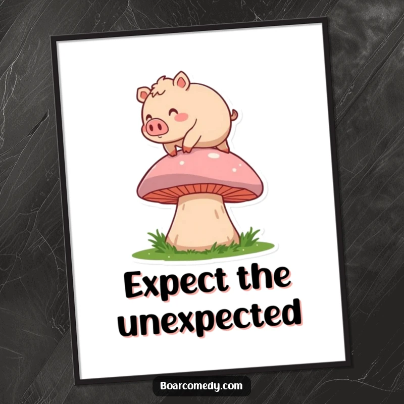 Funny poster showcasing a plump, rosy boar character joyfully tripping over a giant mushroom, capturing a moment of hilarious, unscripted fun.