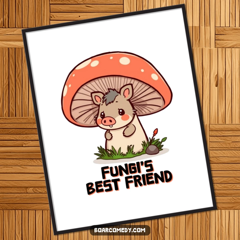 Funny kawaii boar peeking from behind a giant mushroom, rendered as charming wall art for a delightful room accent.