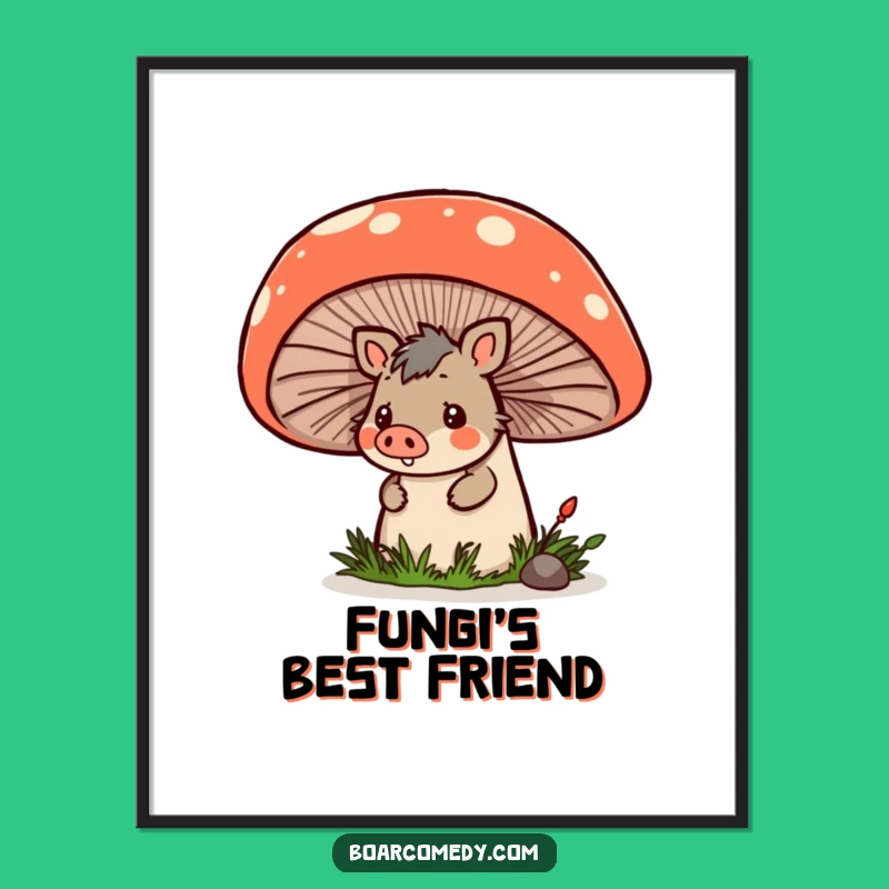Funny Kawaii Boar Poster: Charming Peeking Boar & Mushroom Art, Unique Funny Gift