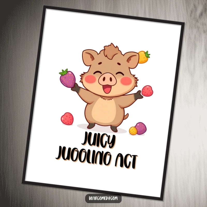Funny poster showing a small boar character enthusiastically juggling three brightly colored berries, a delightful display of dexterity and joy.