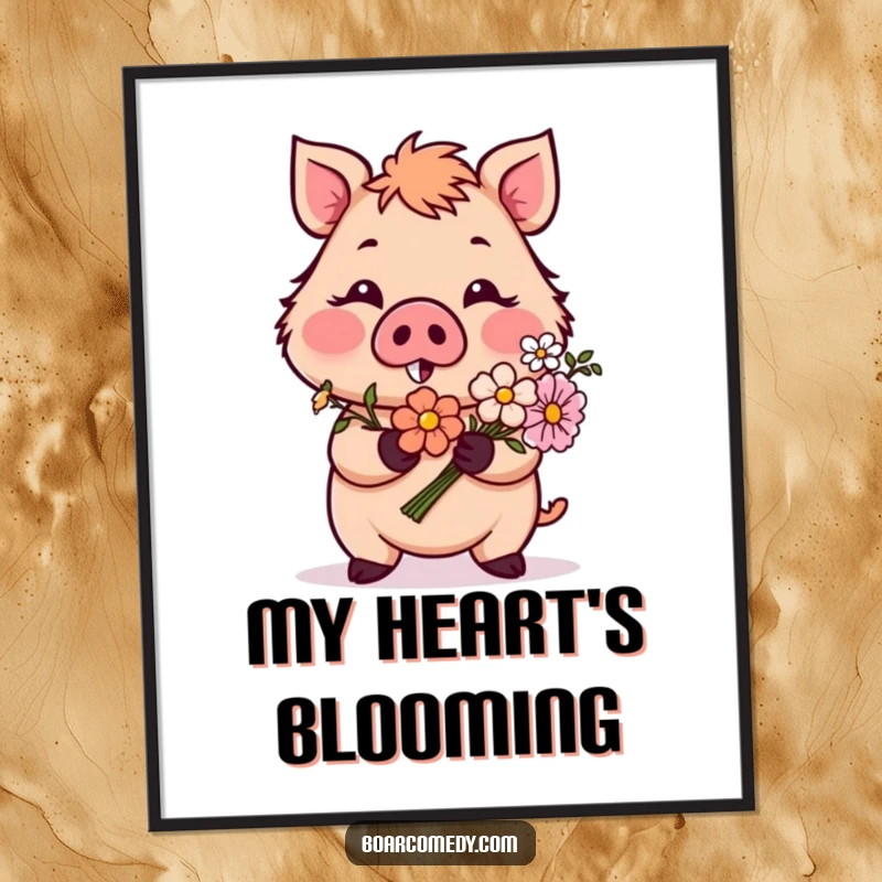 Funny poster showcasing a shy blushing boar offering a flower bouquet, perfect wall art for romantic and humorous decor, a great funny gift.