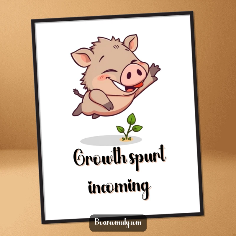 Funny poster print of a joyful boar character soaring over a tiny green sprout with an incredibly determined and happy expression.