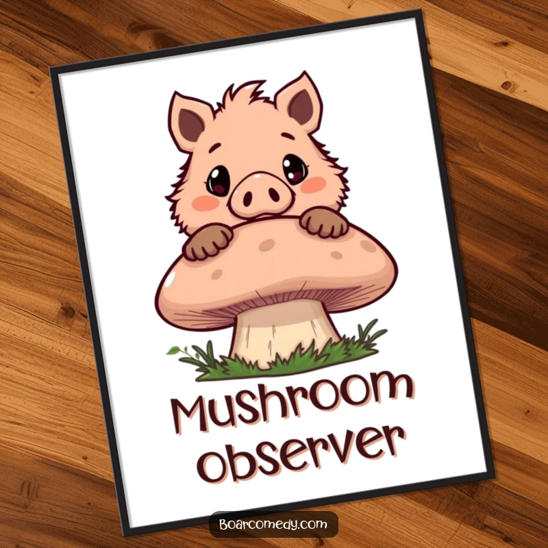 Funny poster artwork of a mischievous boar character peeking over a large mushroom with wide, expressive eyes, inviting curiosity.