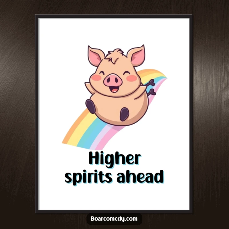 Funny poster showcasing a plump boar character's joyful descent down a rainbow, ears flapping, bringing vibrant humor indoors.