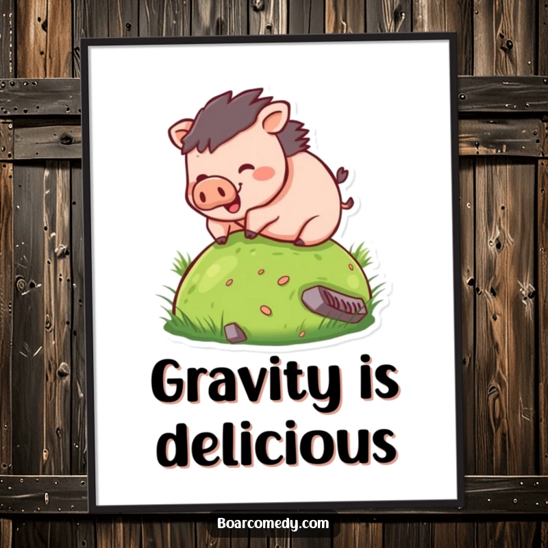 Funny poster print of a small, rotund boar character gleefully rolling down a green hill, capturing a moment of pure, silly joy.